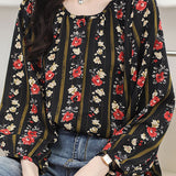 Round neck printed lantern sleeve shirt - liwisi