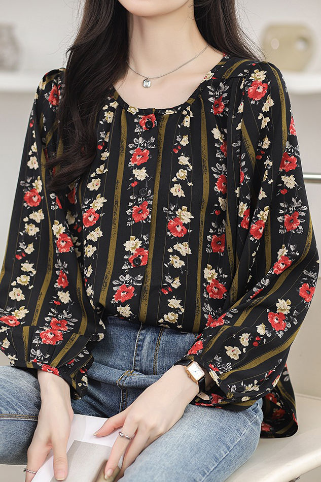 Round neck printed lantern sleeve shirt - liwisi