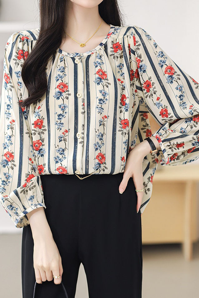 Round neck printed lantern sleeve shirt - liwisi