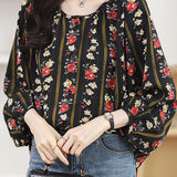 Round neck printed lantern sleeve shirt - liwisi