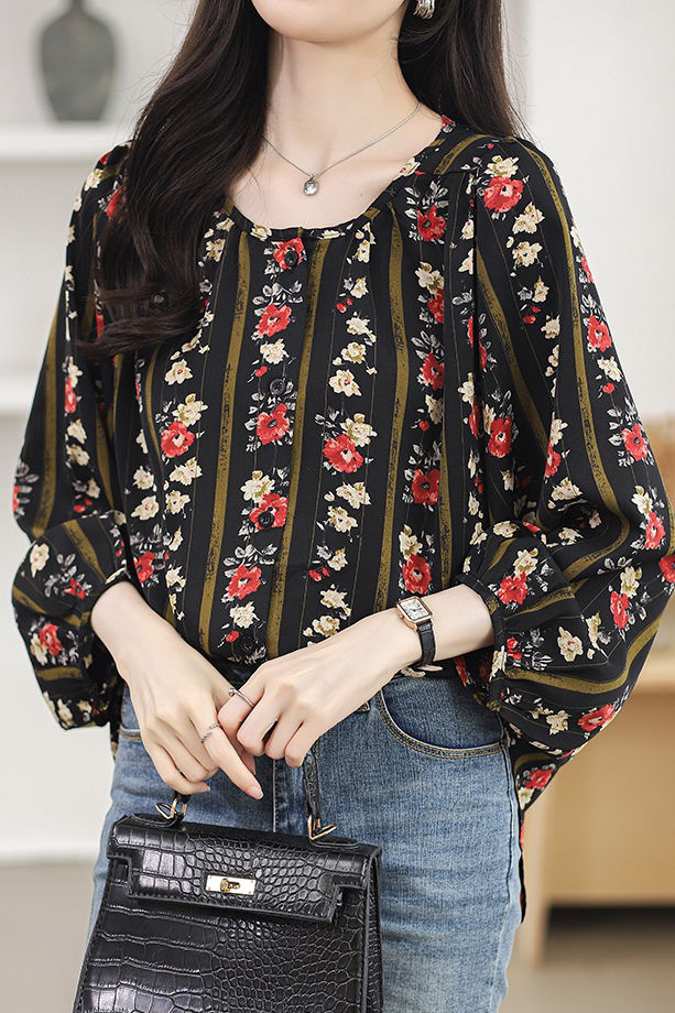 Round neck printed lantern sleeve shirt - liwisi