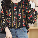 Round neck printed lantern sleeve shirt - liwisi