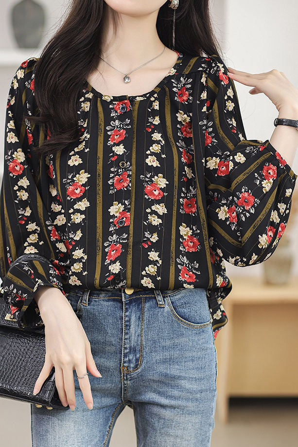 Round neck printed lantern sleeve shirt - liwisi