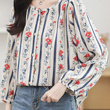Round neck printed lantern sleeve shirt - liwisi