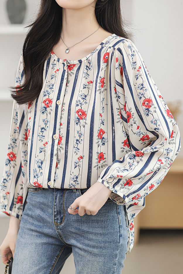 Round neck printed lantern sleeve shirt - liwisi