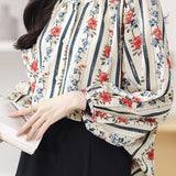 Round neck printed lantern sleeve shirt - liwisi