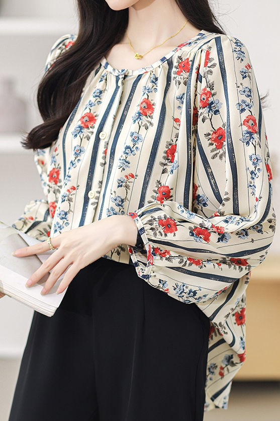Round neck printed lantern sleeve shirt - liwisi