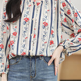 Round neck printed lantern sleeve shirt - liwisi