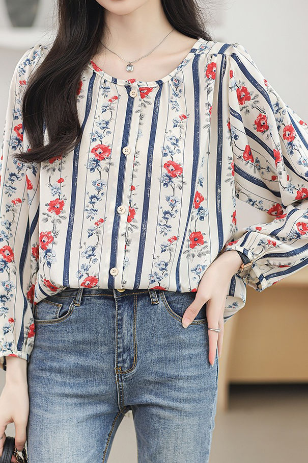 Round neck printed lantern sleeve shirt - liwisi