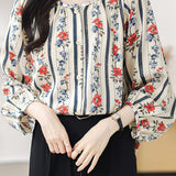 Round neck printed lantern sleeve shirt - liwisi