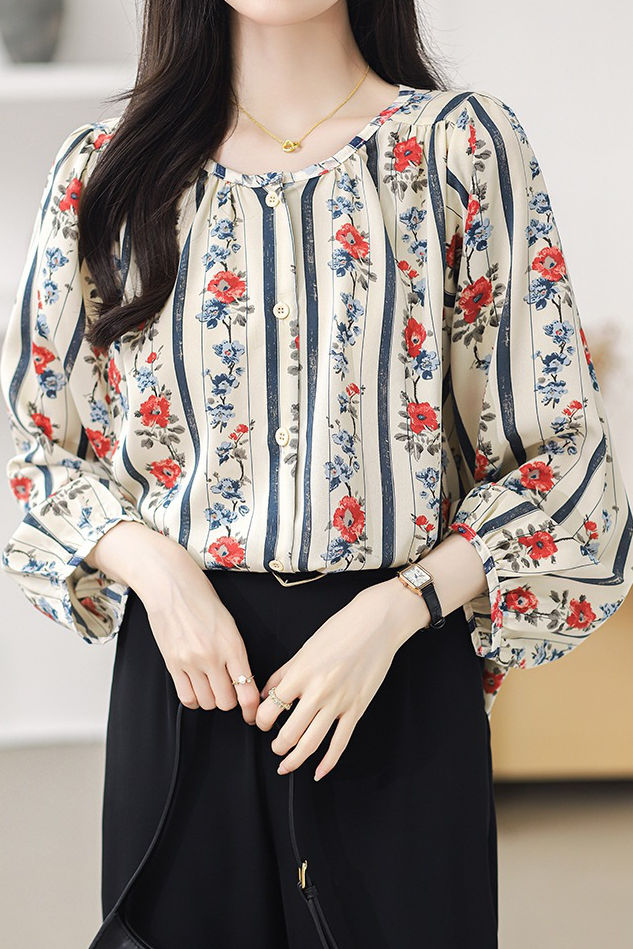 Round neck printed lantern sleeve shirt - liwisi