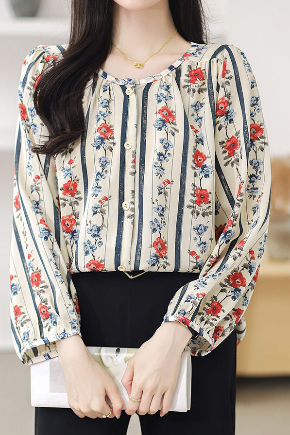 Round neck printed lantern sleeve shirt - liwisi
