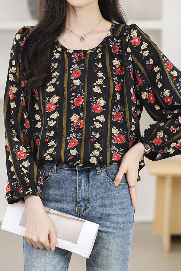 Round neck printed lantern sleeve shirt - liwisi