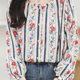 Round neck printed lantern sleeve shirt - liwisi