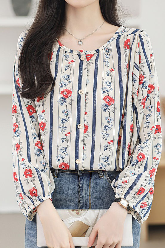 Round neck printed lantern sleeve shirt - liwisi