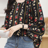 Round neck printed lantern sleeve shirt - liwisi
