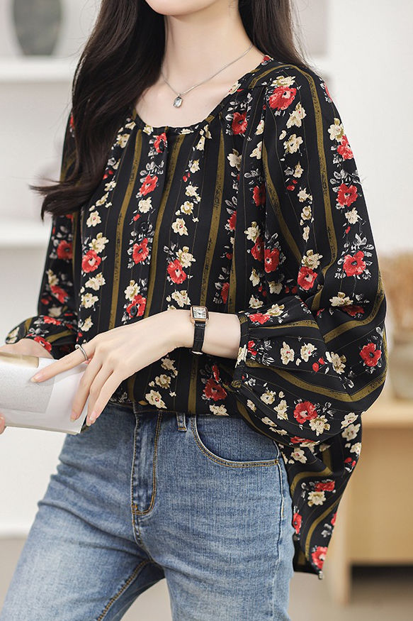 Round neck printed lantern sleeve shirt - liwisi