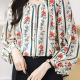 Round neck printed lantern sleeve shirt - liwisi