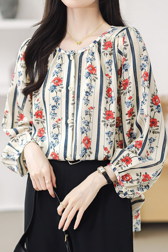 Round neck printed lantern sleeve shirt - liwisi