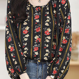 Round neck printed lantern sleeve shirt - liwisi