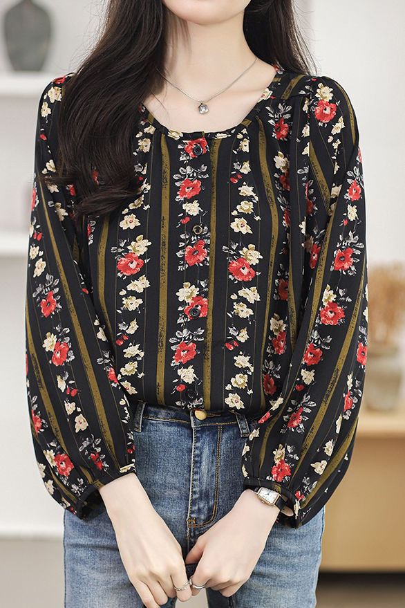 Round neck printed lantern sleeve shirt - liwisi