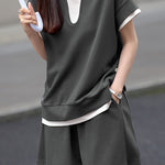 Drop shoulder color block faux two-piece set - liwisi