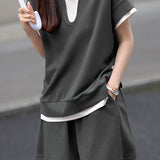 Drop shoulder color block faux two-piece set - liwisi