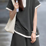 Drop shoulder color block faux two-piece set - liwisi