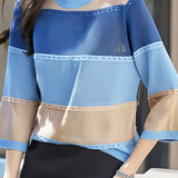 Three-quarter sleeve round neck colorful hollow knit top - liwisi
