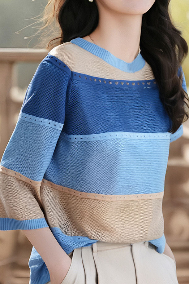 Three-quarter sleeve round neck colorful hollow knit top - liwisi
