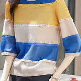 Three-quarter sleeve round neck colorful hollow knit top - liwisi