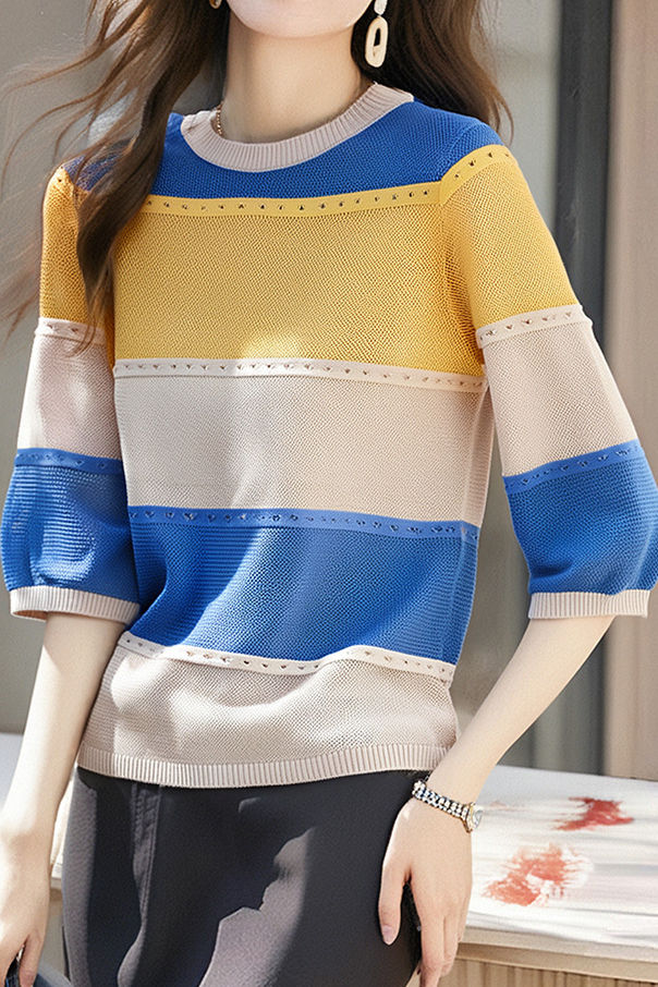 Three-quarter sleeve round neck colorful hollow knit top - liwisi