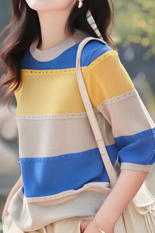 Three-quarter sleeve round neck colorful hollow knit top - liwisi