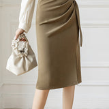 High-waisted pleated side-slit skirt - liwisi