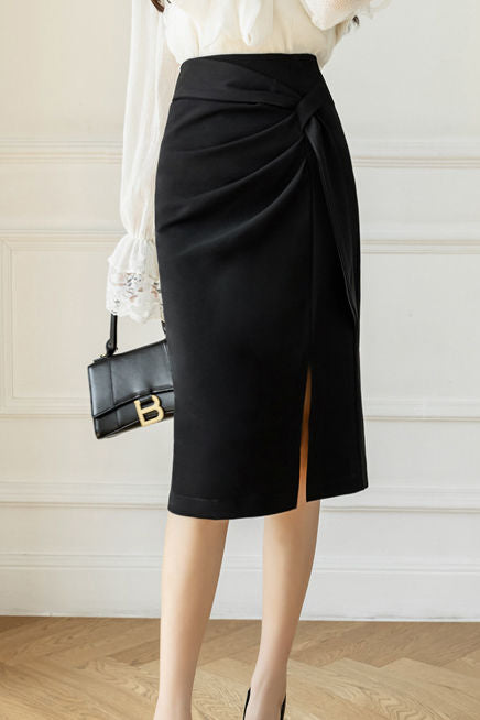High-waisted pleated side-slit skirt - liwisi