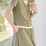 Color block faux two-piece casual T-shirt and A-line skirt set - liwisi