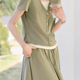 Color block faux two-piece casual T-shirt and A-line skirt set - liwisi