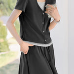 Color block faux two-piece casual T-shirt and A-line skirt set - liwisi