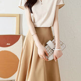 V-neck color block chiffon shirt and A-line skirt two-piece set - liwisi