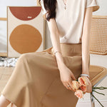 V-neck color block chiffon shirt and A-line skirt two-piece set - liwisi