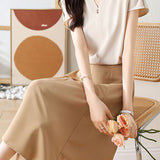 V-neck color block chiffon shirt and A-line skirt two-piece set - liwisi