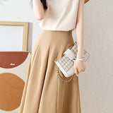V-neck color block chiffon shirt and A-line skirt two-piece set - liwisi