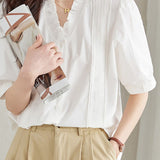 Ruffled V-neck short sleeve shirt with lace splicing - liwisi