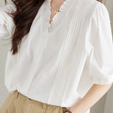 Ruffled V-neck short sleeve shirt with lace splicing - liwisi