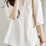 Ruffled V-neck short sleeve shirt with lace splicing - liwisi
