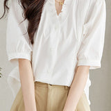 Ruffled V-neck short sleeve shirt with lace splicing - liwisi