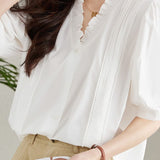 Ruffled V-neck short sleeve shirt with lace splicing - liwisi