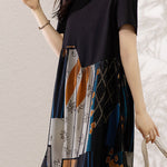 Asymmetrical spliced double-layer abstract print short sleeve mid-length dress - liwisi