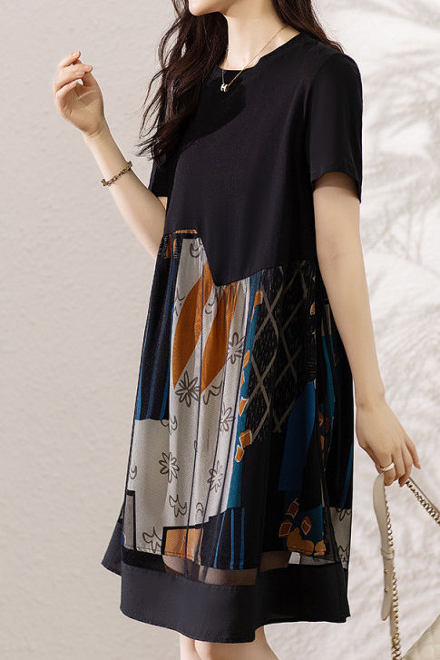 Asymmetrical spliced double-layer abstract print short sleeve mid-length dress - liwisi