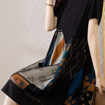 Asymmetrical spliced double-layer abstract print short sleeve mid-length dress - liwisi